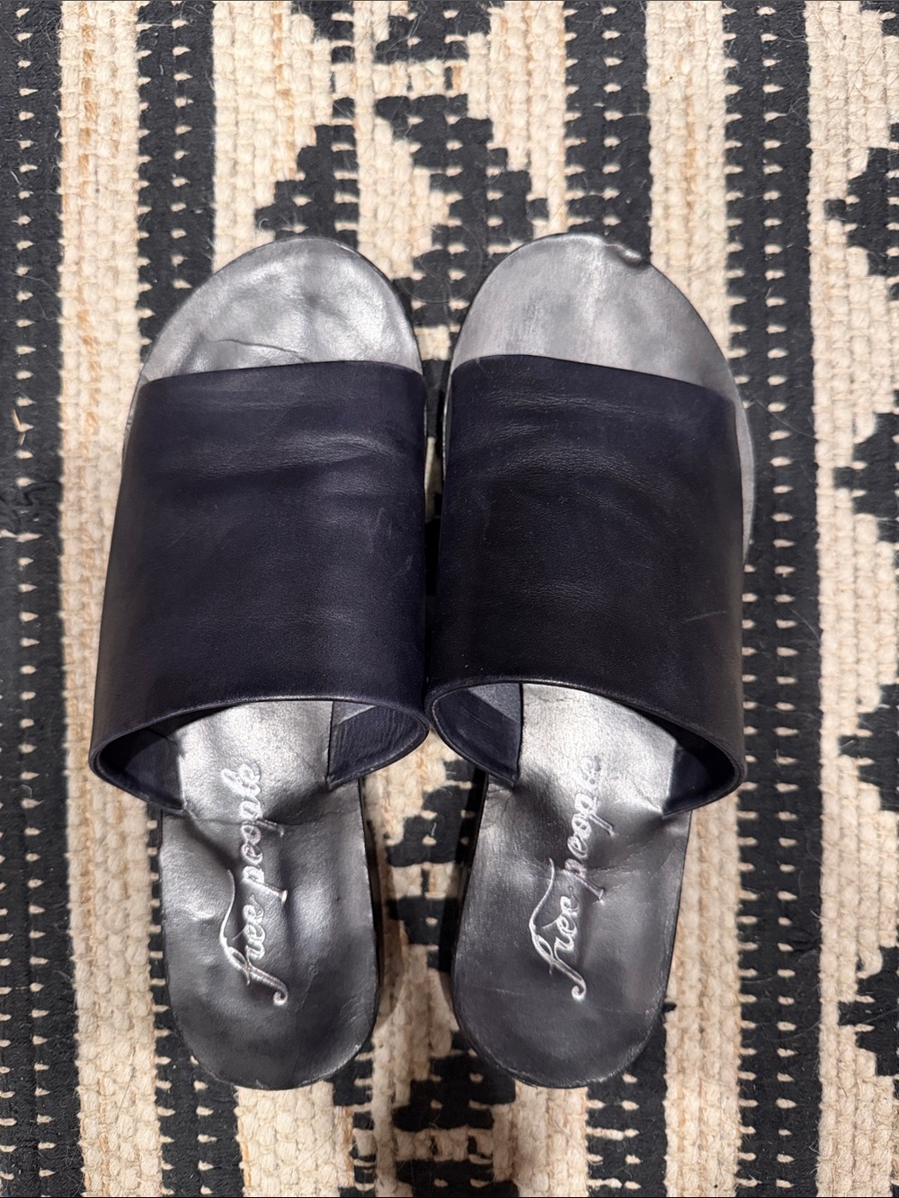 Free People Black Leather Slide Mules with Silver Footbed